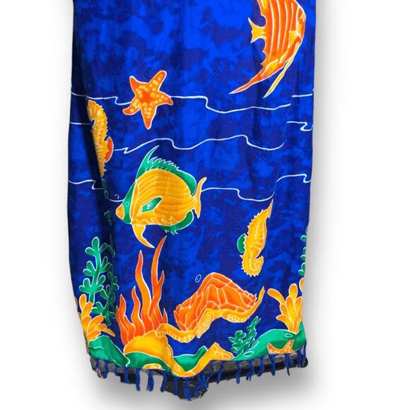 Vintage 90s In Gear Blue Ocean Fish Print Dress Tassel Hem Resort Boho Small - Picture 6 of 12